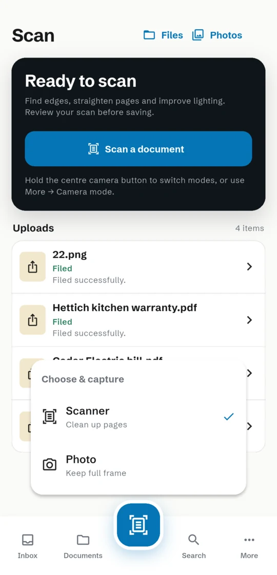 Suchi companion Scan screen with Files and Photos actions and scanner or photo mode selector