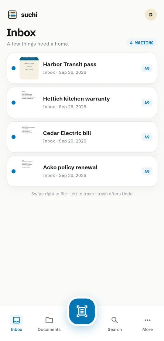 Suchi companion Inbox with a transit pass, warranty, bill and policy renewal