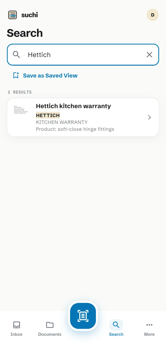Suchi companion Search showing a highlighted Hettich warranty result