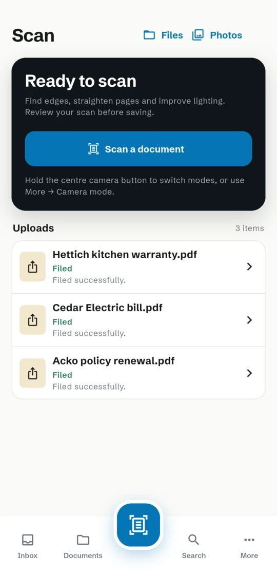 Suchi companion queue with filed Hettich warranty, Cedar Electric bill and Acko renewal PDFs